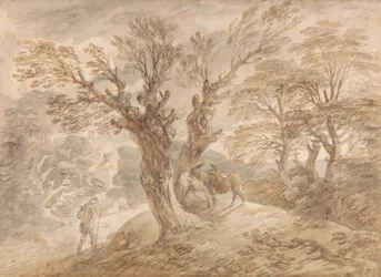 Waldlandschaft mit Bauer und Eseln